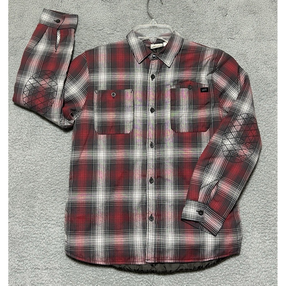Vans Heritage Red Gray Plaid Crusader Quilted Button Shacket Jacket Sz L SK8